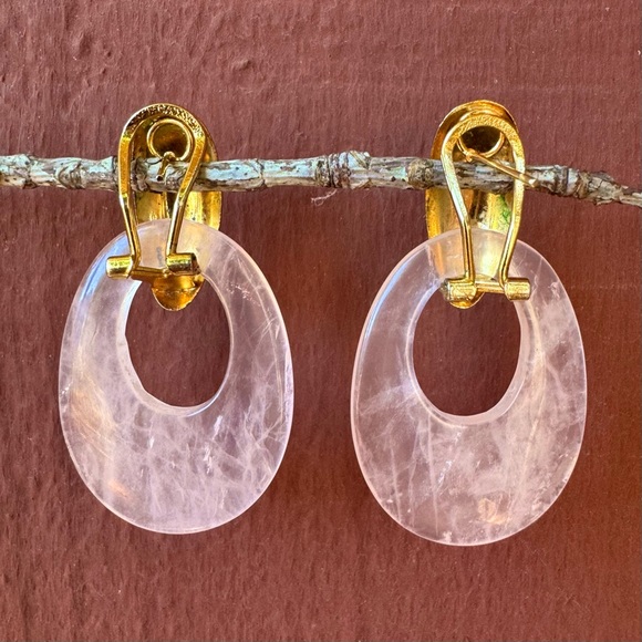 Vintage 🖤 80s Retro Gold Tone & Rose Quartz Pink Dangle Drop Chunky Earrings - Picture 3 of 8